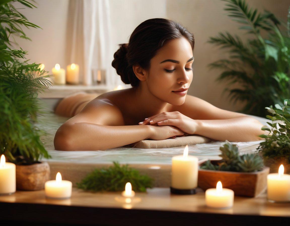 A serene spa setting featuring a glowing, young woman indulging in self-care rituals with candles, lush greenery, and luxurious skincare products around her. Soft lighting highlights her radiant skin, while a hint of playful mischief lights up her eyes. Include elements like essential oils and a calming waterfall in the background, embodying tranquility and allure. super-realistic. vibrant colors. soft focus.