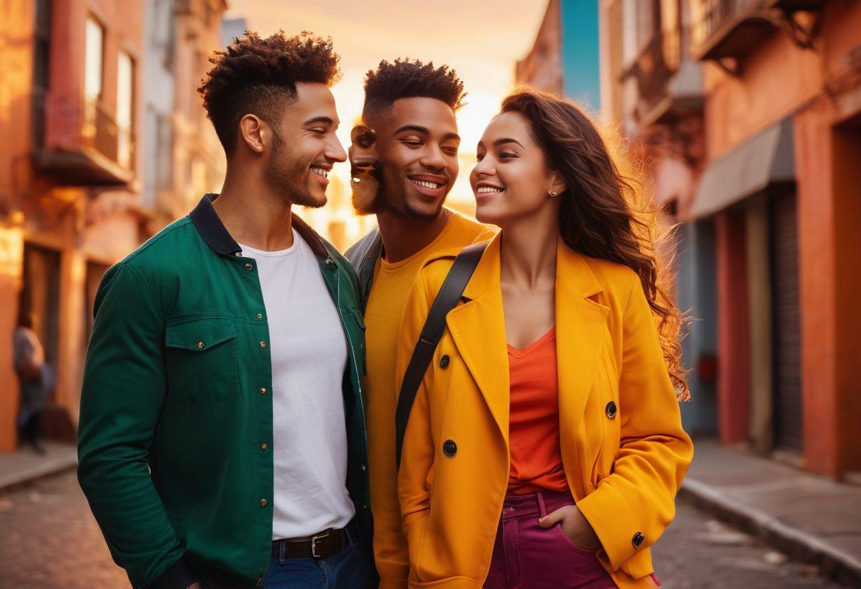 An engaging couple exchanging confident glances, surrounded by a lively urban environment, showcasing vibrant colors in their outfits. Include elements of joy and connection, with a backdrop of a sunset illuminating the scene. Infuse the image with warm, inviting tones that reflect a vibrant lifestyle, emphasizing moments of genuine happiness. super-realistic. vibrant colors. dynamic background.