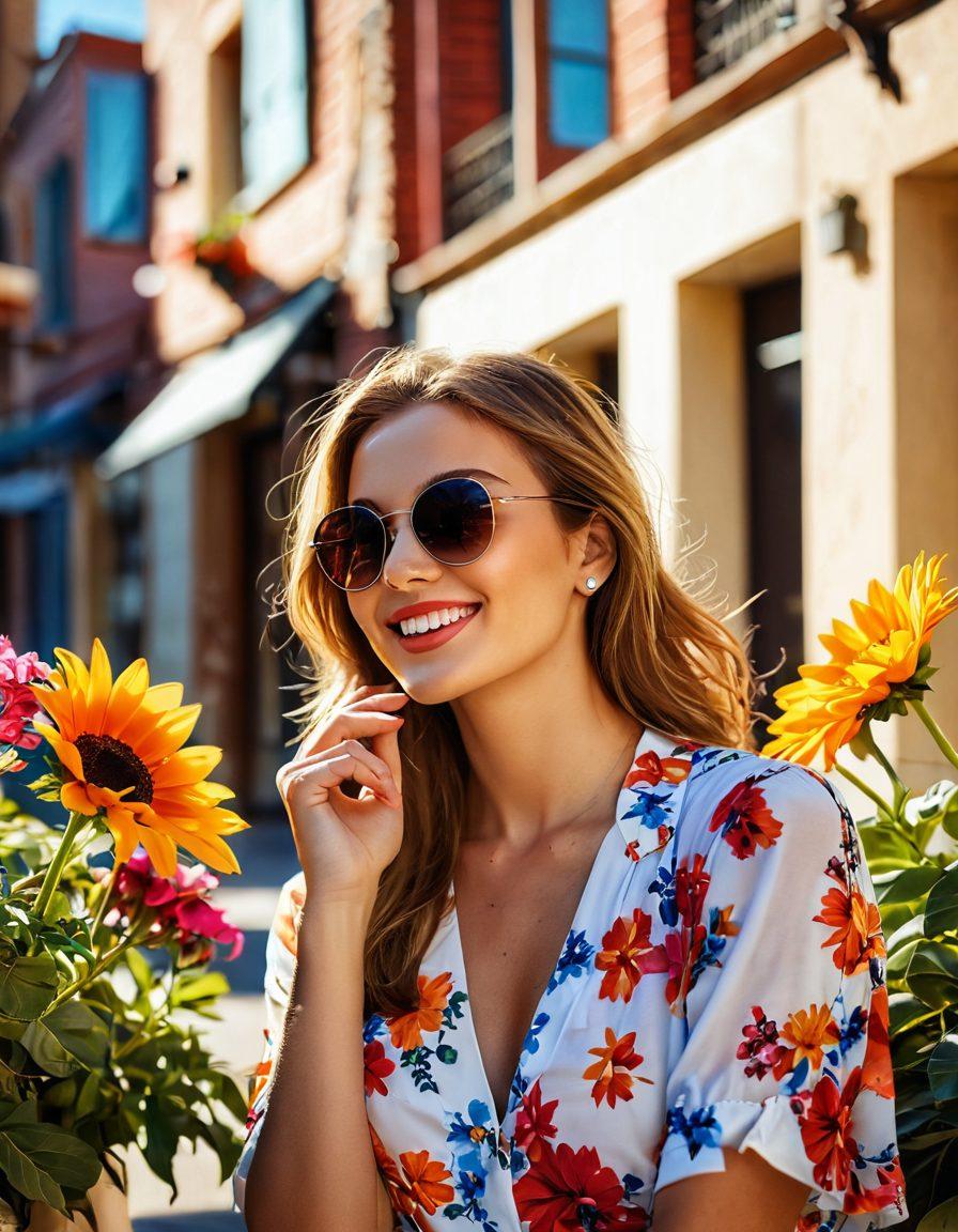 A alluring scene of a young woman radiating confidence, surrounded by vibrant flowers and trendy fashion items. She is playfully interacting with sunlight, casting seductive shadows on her smiling face. Incorporate elements like stylish sunglasses and colorful accessories to emphasize a youthful and vibrant lifestyle. The background features a lively cityscape in soft focus. vibrant colors. super-realistic.